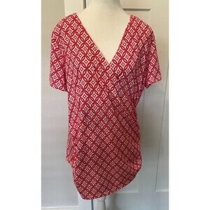 TALBOTS Womens Knit TOP Short Sleeve RED White GEOMETRIC Faux Wrap Size 1X